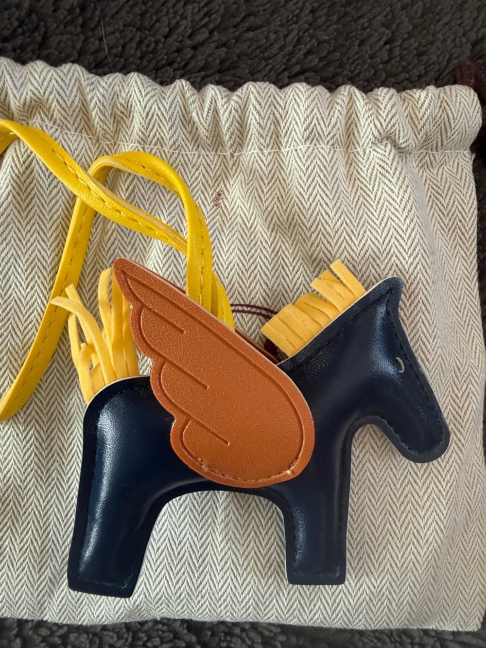 Navy Pegasus Horse Bag Charm with Yellow Mane and Tan Wing